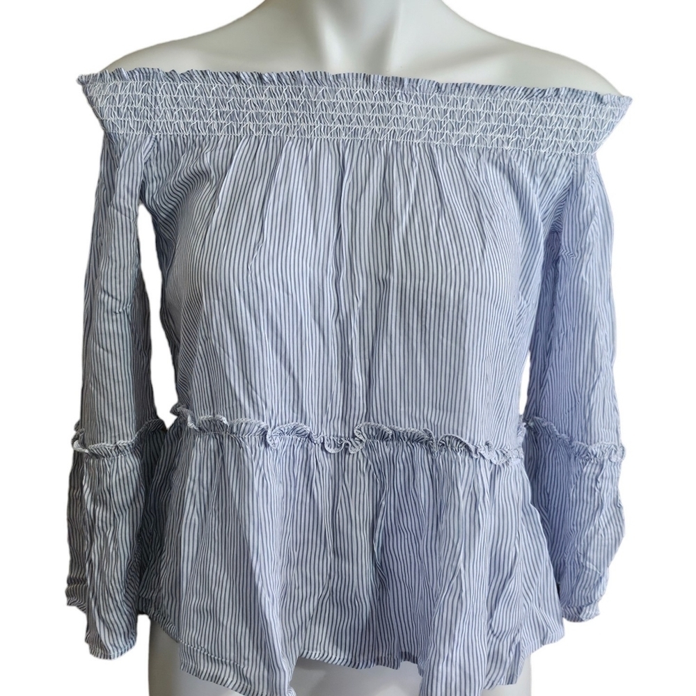 American Eagle Outfitters Striped Off the Shoulder Bell Sleeve Top Blue&White S - Picture 3 of 11